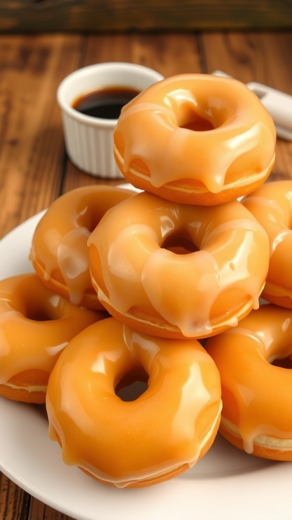 A plate of classic glazed donuts on a wooden table with a cup of coffee.